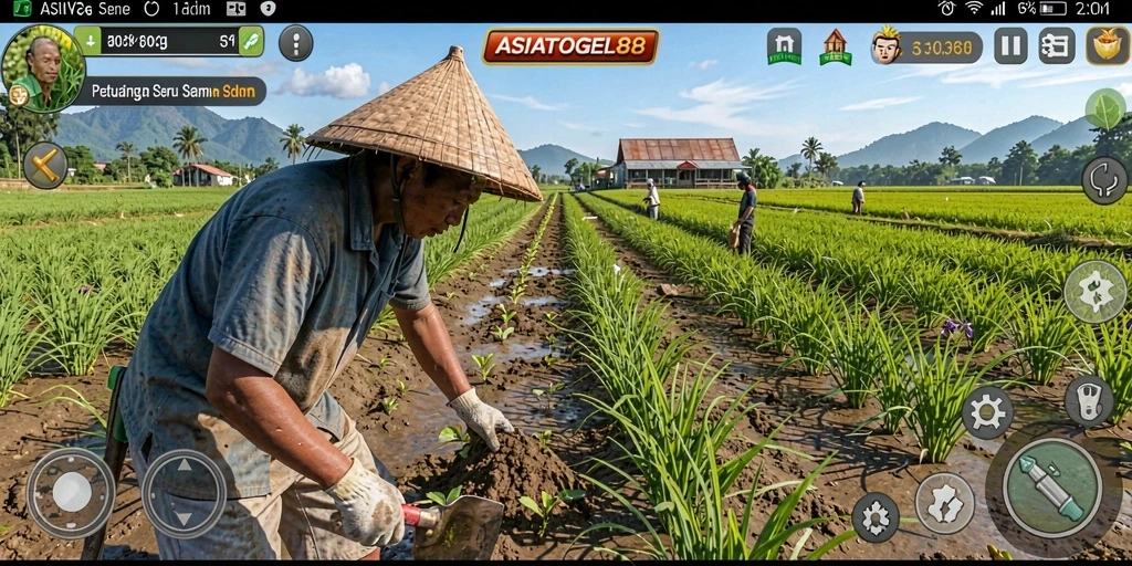 Tangkapan layar gameplay ASIATOGEL88 yang menunjukkan aktivitas bertani.