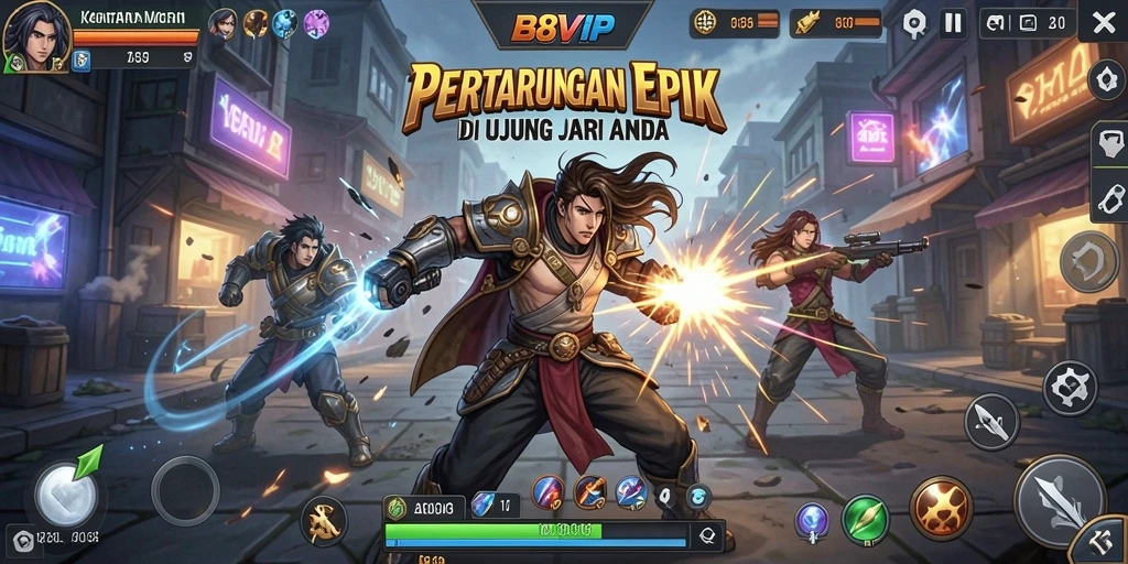 Tampilan gameplay B8VIP dengan karakter bertarung dalam arena.
