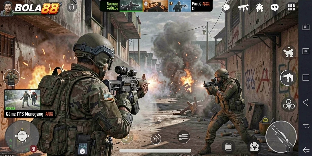 Screenshot utama BOLA88 menampilkan aksinya yang intens dalam gameplay FPS.