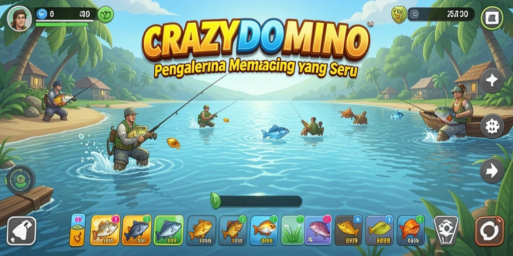 Gameplay <strong>CRAZYDOMINO</strong> menampilkan petualangan memancing seru di berbagai lokasi.