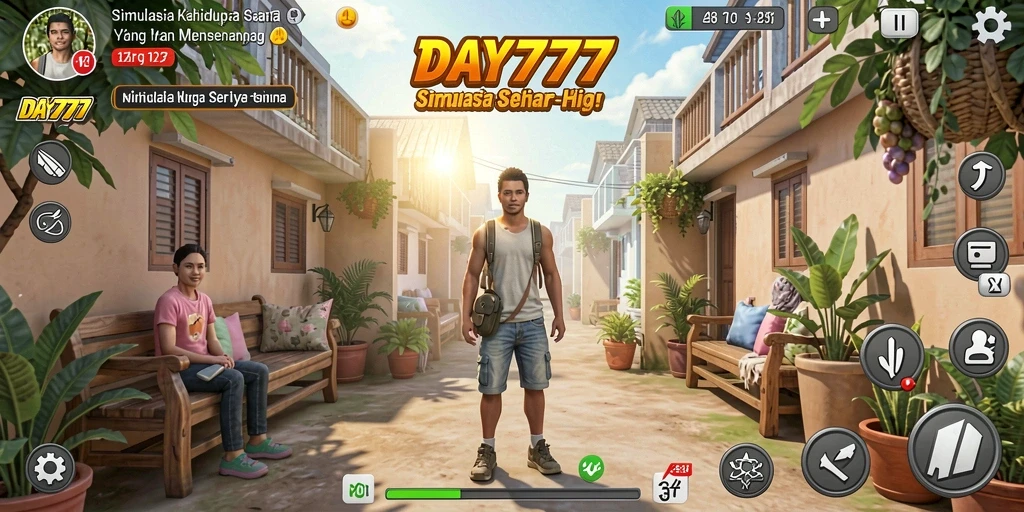 Screenshot dari gameplay DAY777 menampilkan interaksi sosial yang seru.