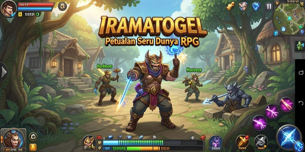 Tangkapan layar gameplay <strong>IRAMATOGEL</strong> yang menampilkan pertarungan seru dan lingkungan fantastis.