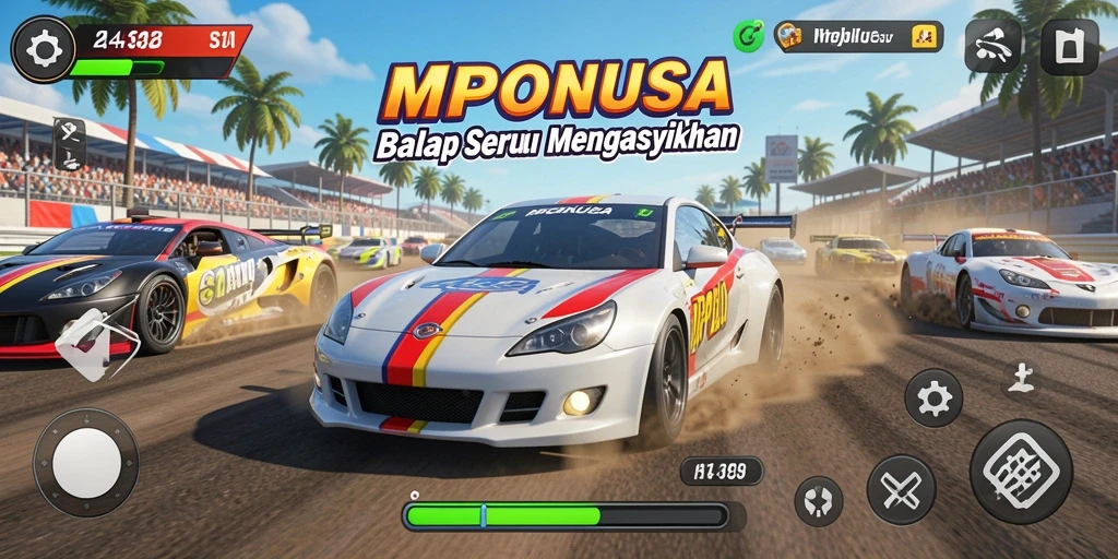 Tampilan gameplay balap seru di MPONUSA dengan mobil beragam.