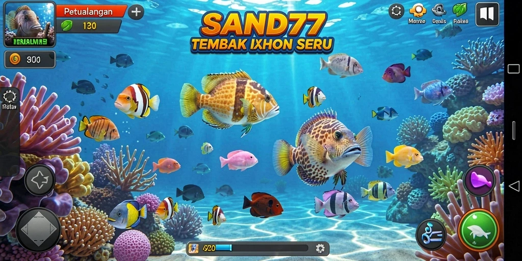 Tangkapan layar gameplay SAND77 yang menampilkan pertempuran seru dengan ikan.