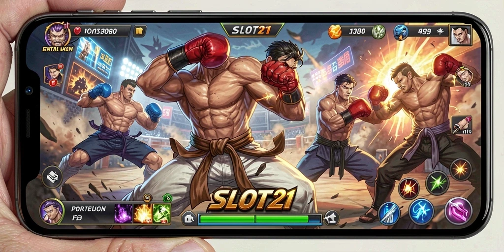Screenshot utama SLOT21 menampilkan aksi pertarungan yang mendebarkan.