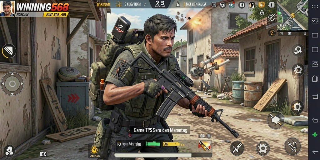 Screenshot utama WINNING568 yang menunjukkan aksi gameplay yang intens dalam TPS.